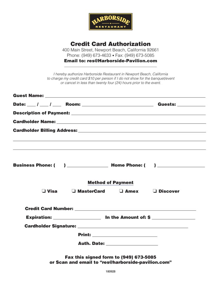 credit card authorization harborside pavilion credit authorization